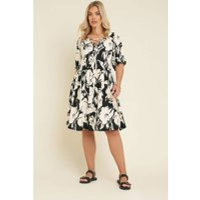 Yours Curve Black Abstract Print Tie Neck Mini Dress, Women's Curve & Plus Size, Yours - 26-28