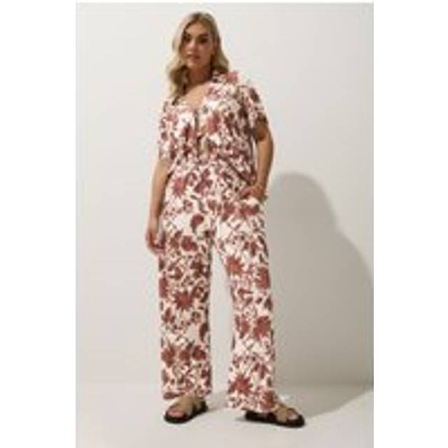 Yours Floral Wide Leg Trousers In Brown - 18