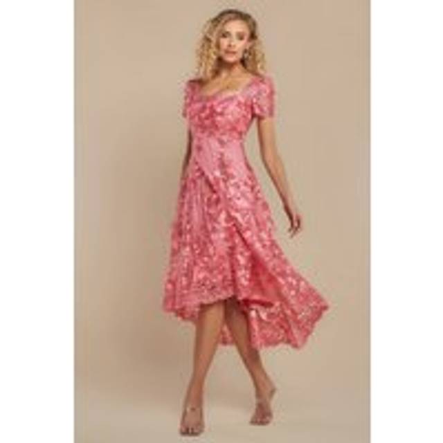 Scalloped Neck Embroidered Lace High Low Midi Dress - Coral by Goddiva - 18