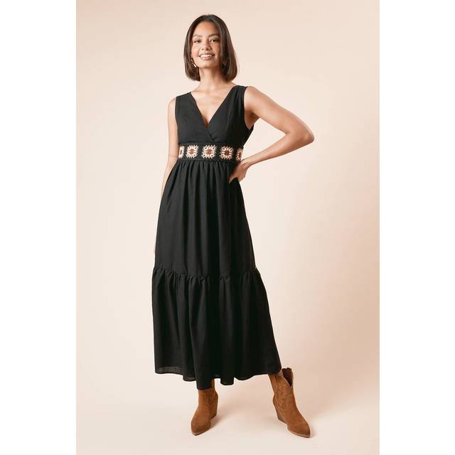 Womens Trim Wrap Front Tie Back Maxi Dress - Black - 10