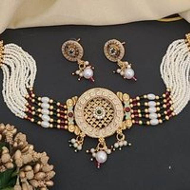 Traditional Ethnic Multi Strand White Pearl Dangle Diana Choker - Gold - One Size