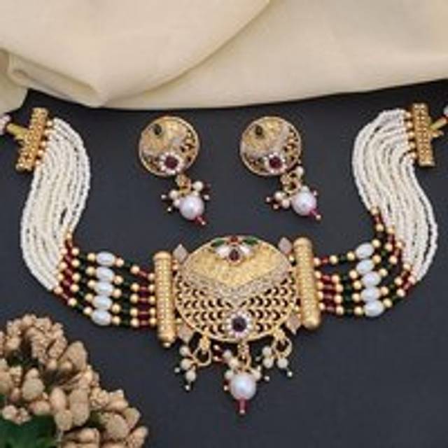 Traditional Ethnic Multi Strand White Pearl Dangle Diana Choker - Gold - One Size