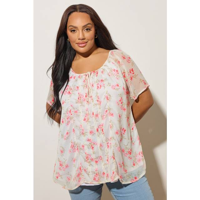 Yours Curve White Floral Tie Front Pintuck Blouse, Women's Curve & Plus Size, Yours - 16