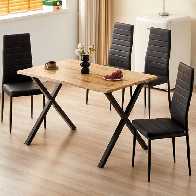 Kosy Koala Wooden Dining Table With Metal Legs And 4 Black Faux Leather Chairs, Multi