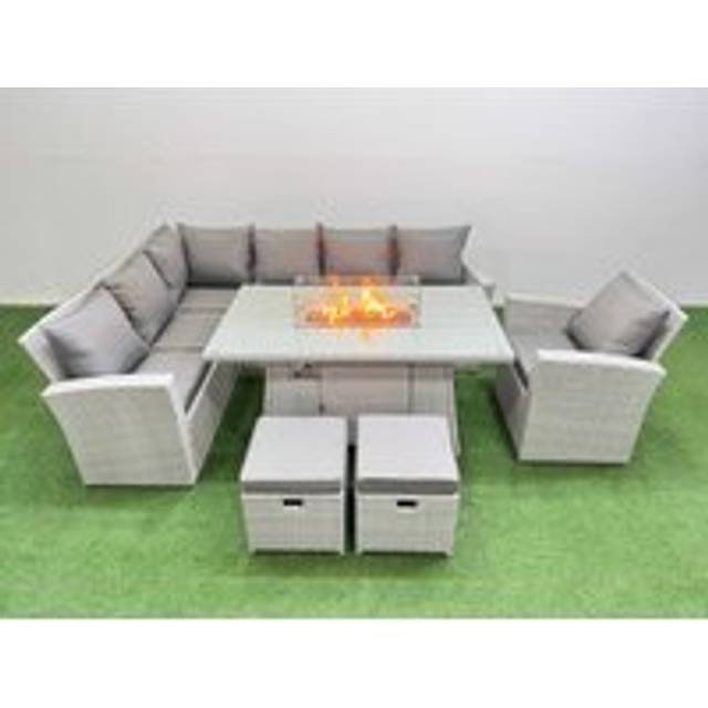 9-Seat Grey Rattan Sofa Set with Fire Pit Table & Footstools - Weather-Resistant Outdoor Dining Lounge | Wowcher