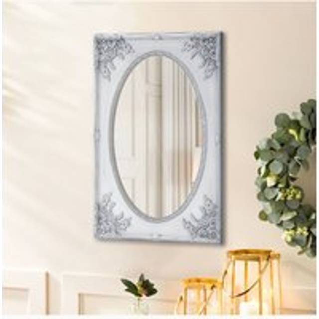 84cm W x 114cm H White Rectangular Wooden Frame Oval Mirror Deco Wall Mirror with Plaster Flower Carving - One Size