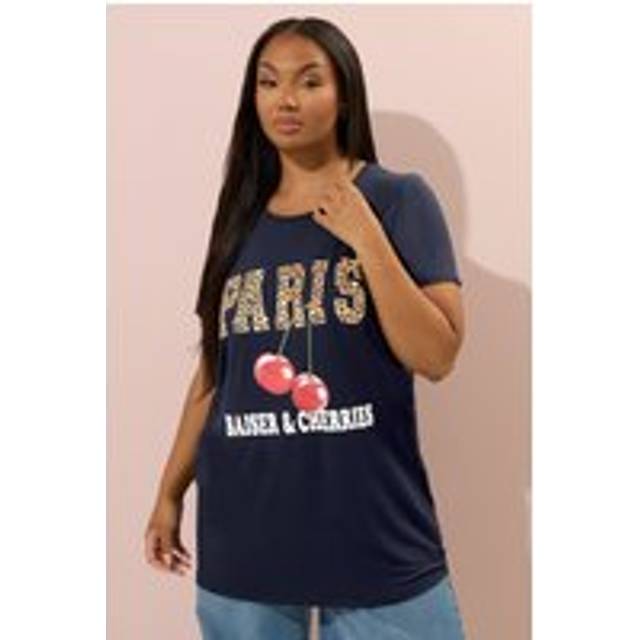 Yours Curve Navy Blue Leopard 'Paris' Graphic Cherry Tshirt, Women's Curve & Plus Size, Yours - 26-28