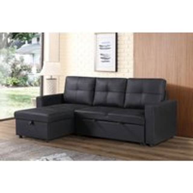 Snuggle Leather L Shaped Left Hand Facing Corner Sofa-Bed - Black - One Size