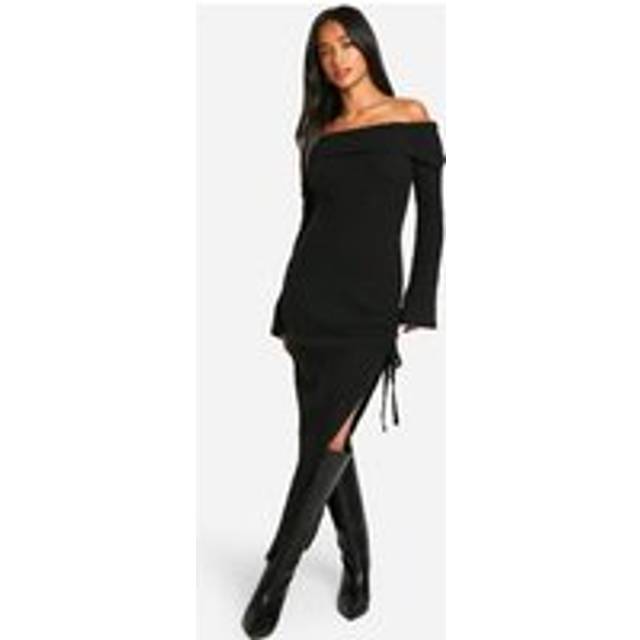 Womens Petite Soft Cable Asymmetric Hem Bardot Maxi Dress - Black - L