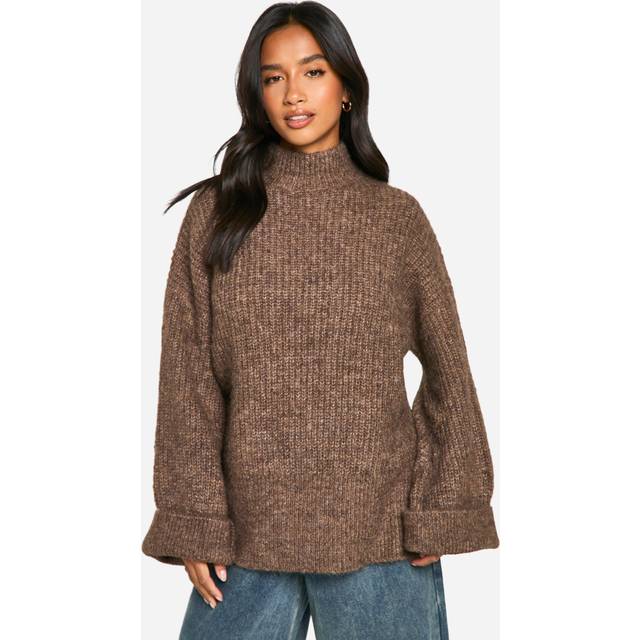 Womens Petite Oversized High Neck Knitted Jumper - Beige - L