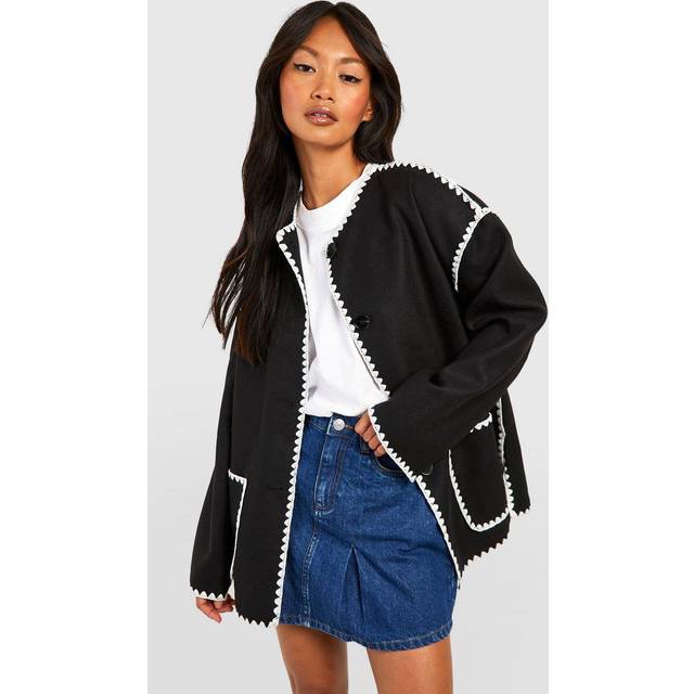 Womens Contrast Blanket Stitch Wool Look Jacket - Black - 14, Black
