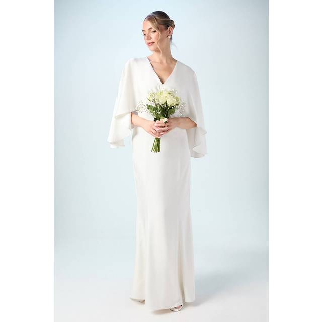 V Neck Batwing Satin Wedding Dress - Ivory - 10