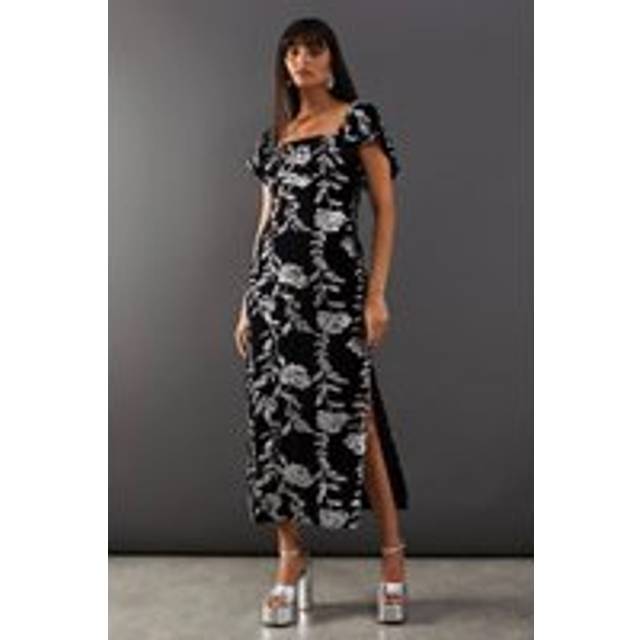 Warehouse Womens Sequin Velvet Square Neck Frill Strap Midi Dress - Black - Size 10 UK