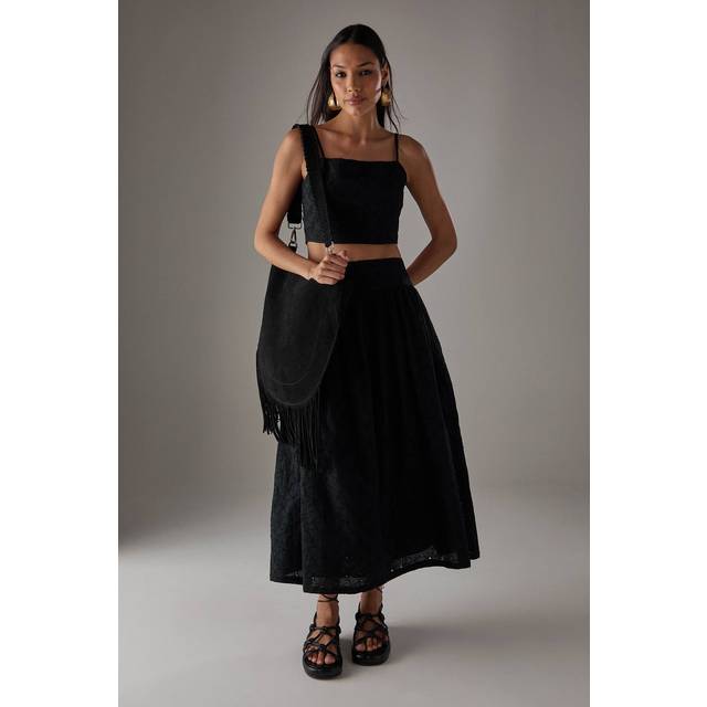 Womens HCD Broderie Button Through Midi Skirt - black - Black - 12
