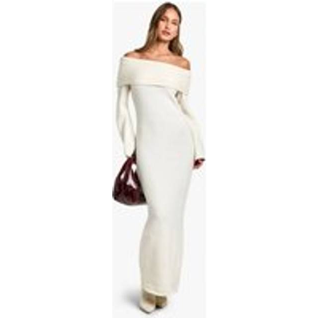 Womens Premium Oversized Rib Bardot Neckline Soft Knit Jumper Dress - Cream - L, Cream