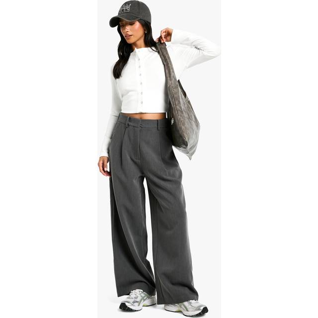 Womens Petite Wide Leg Tailored Trousers - Dark Grey - 10/28L