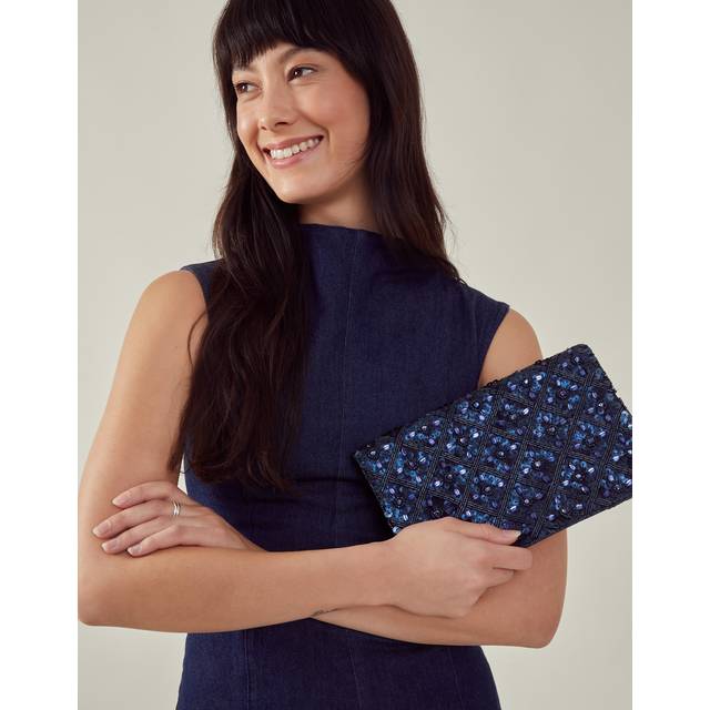 Navy Blue Tianna Metallic Embellished Clutch Bag, Size: 24x16cm - Accessorize