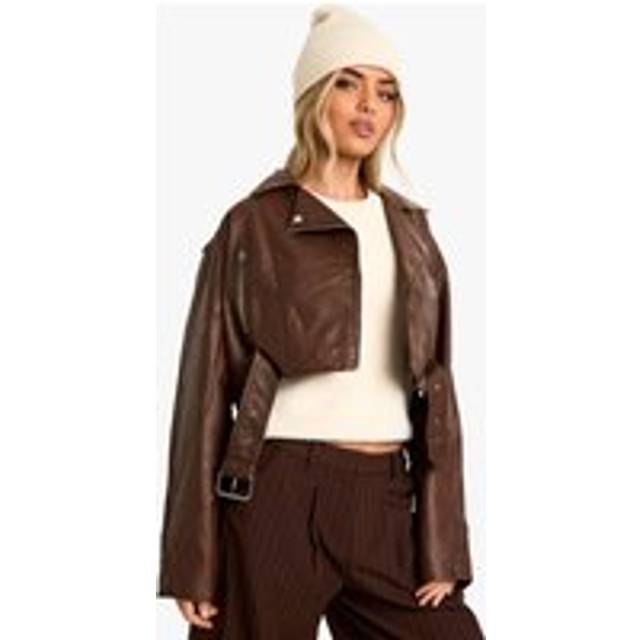 Womens Vintage Look Faux Leather Crop Biker Jacket - Brown - 12, Brown