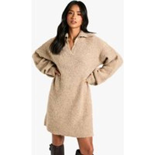 Womens Petite Borg Oversized Collar Detail Mini Dress - Beige - L