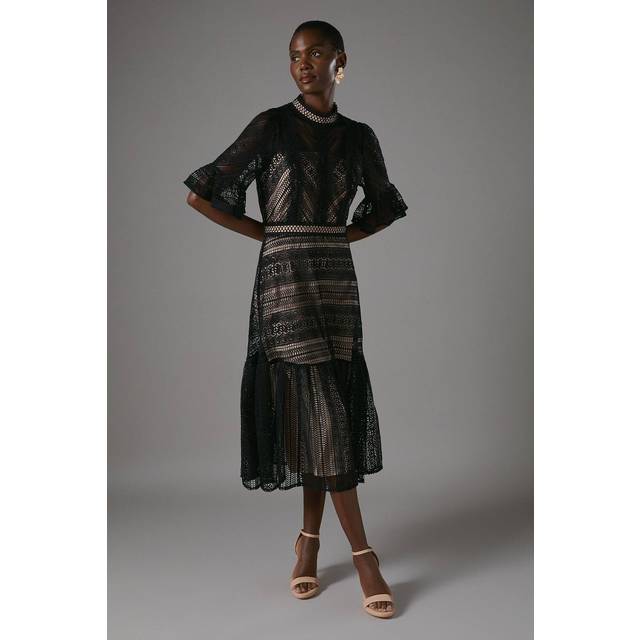 Lace Tiered Midi Dress - Black - 10