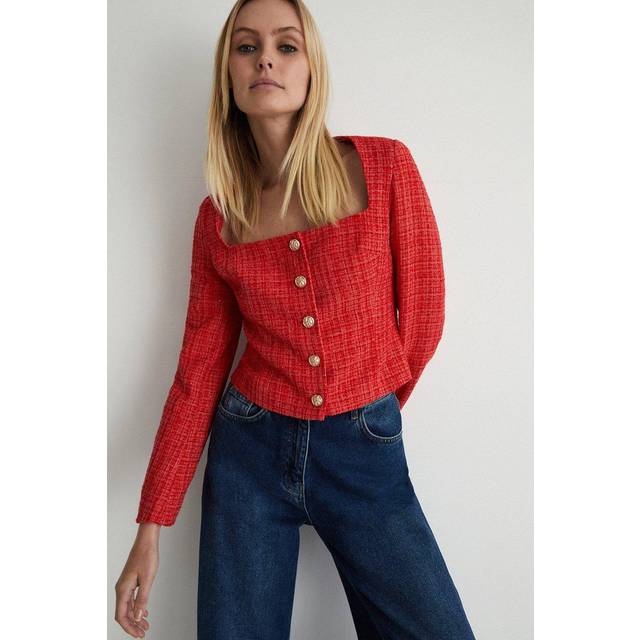 Womens Tweed Square Neck Jacket - Red - 12