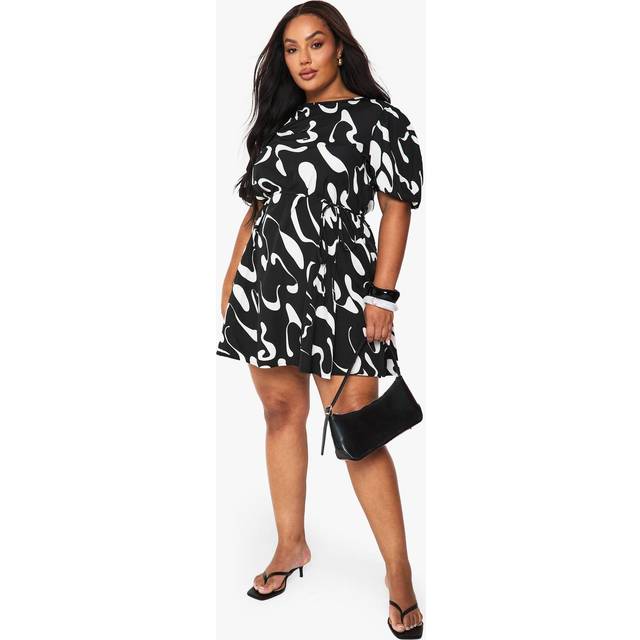 Womens Plus Abstract Puff Sleeve Skater Dress - Black - 24, Black