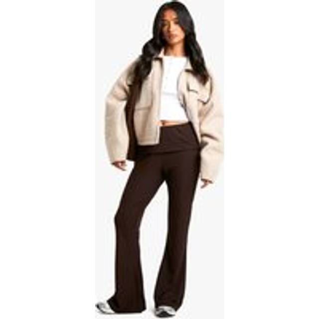 Womens Petite Fold Over Waistband Soft Rib Flare Trouser - Brown - 6, Brown