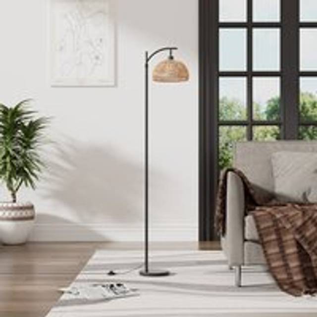 Rattan Lampshade Floor Lamp with APP/Remote Control - Black - One Size