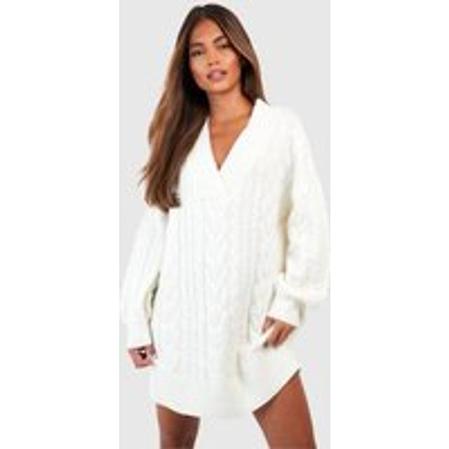 Womens V Neck Cable Knit Dress - White - Xs, White