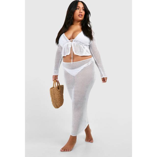 Womens Plus Long Sleeve Tie Top And Skirt Beach Co-Ord - White - 24, White