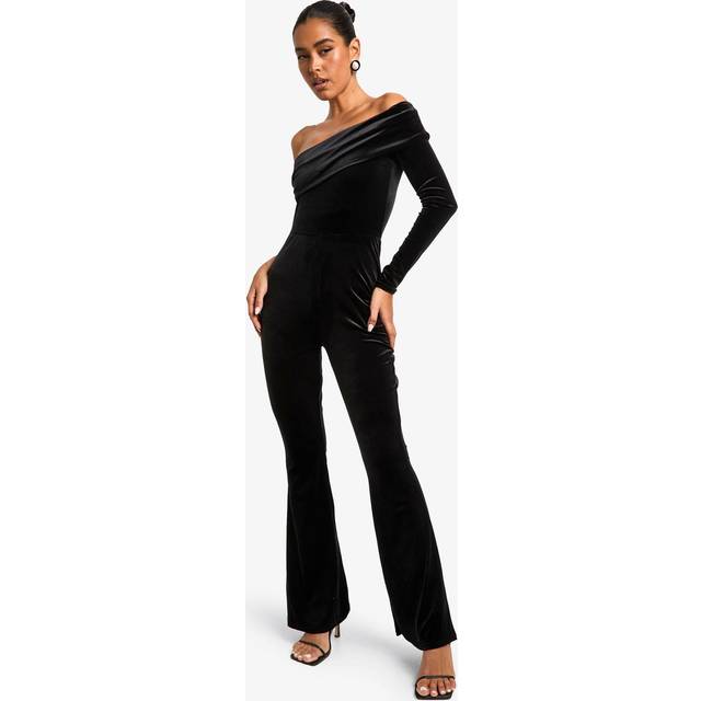 Womens Velvet Bardot Asymmetric Jumpsuit - Black - 12, Black