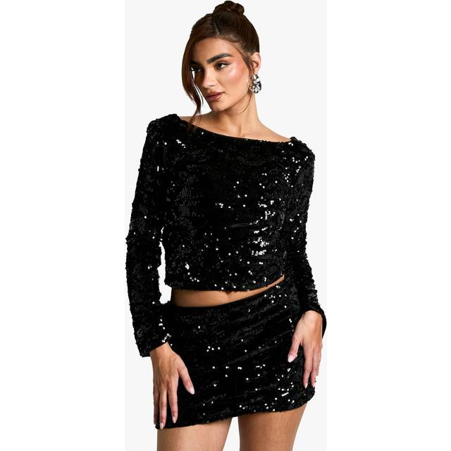 Womens Velvet Sequin Scoop Back Long Sleeve Top - Black - 10, Black