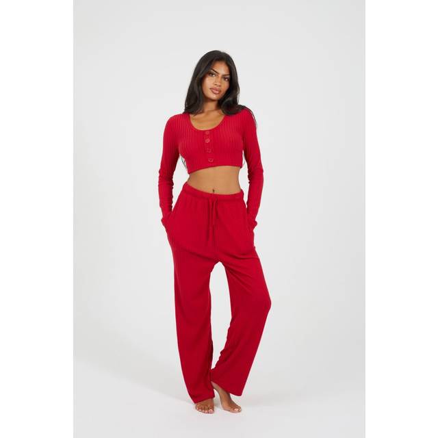 Brave Soul Womens Cropped Long Sleeve & Wide Leg Lounge Set - Red - Size Small