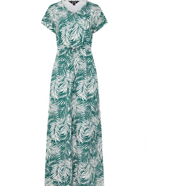 Lts Tall Green Cotton Tropical Palm Print Drawstring Maxi Dress 14 Lts | Tall Women's Maxi Dresses