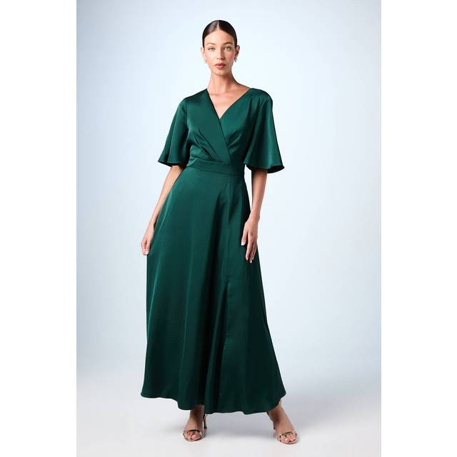 Angel Sleeve Wrap Satin Maxi Bridesmaids Dress - Green - 14
