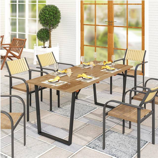 Outsunny Wooden Garden Table for 6 with 5cm Parasol Hole for Balcony Terrace, Brown
