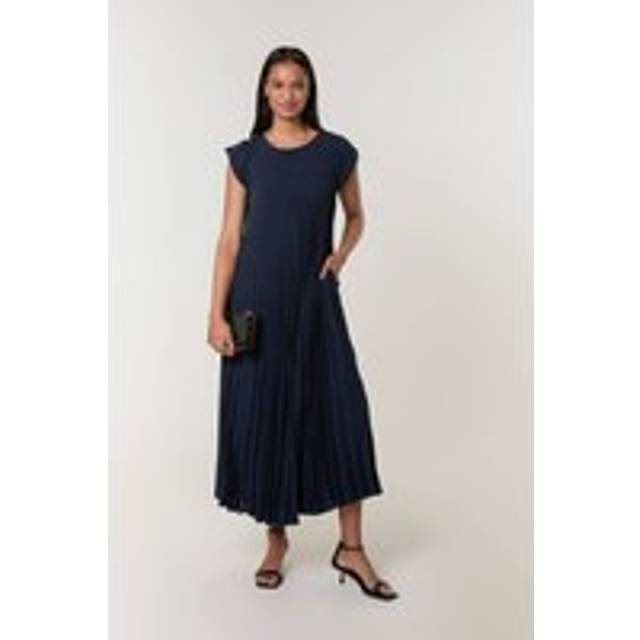 Blue Vanilla Navy Pleated Plain Long Dress - one size