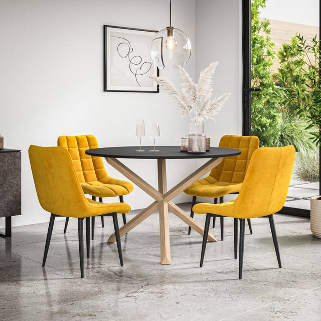 (Mustard) Malvern Round Black Dining Table Set w Oak Legs w 4-6 Nova Velvet Chair