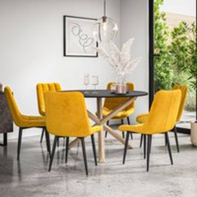 (Mustard) Malvern Round Black Dining Table Set w Oak Legs w 4-6 Nova Velvet Chair