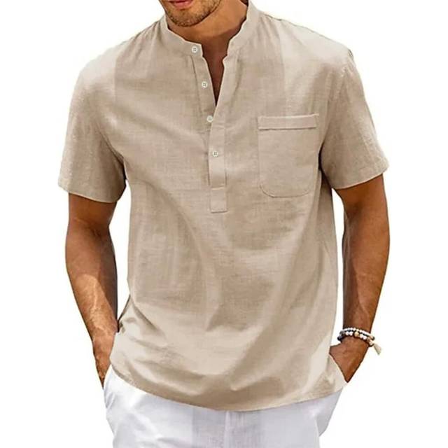 (XL, khaki) Casual Men's Short-Sleeved Cotton Linen T-shirt, S-3XL