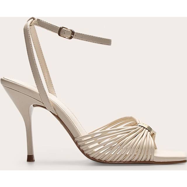 Cream Pu Square Toe Multi Strap Gold Trim High Heeled Sandals, White - 4