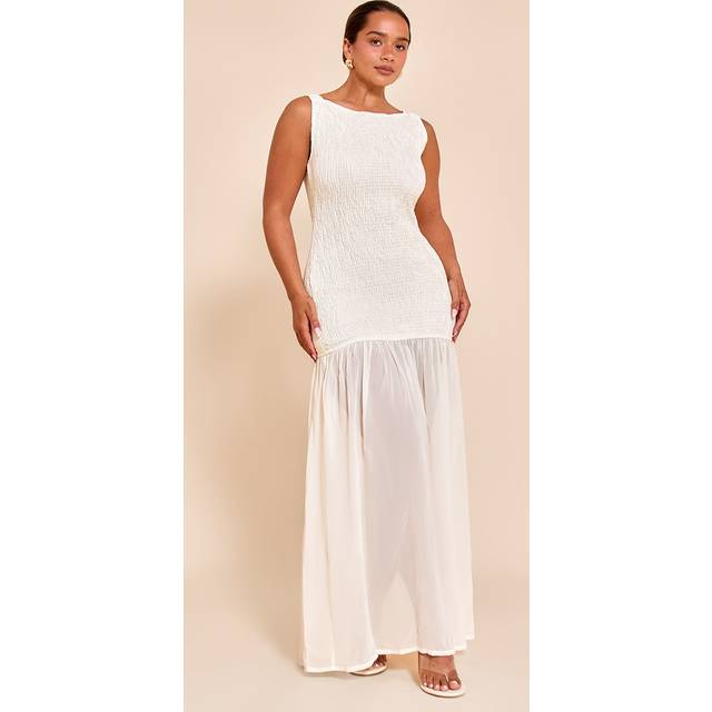 Shape Cream Shirred Scoop Back Contrast Dropped Hem Maxi Dress, White - 10
