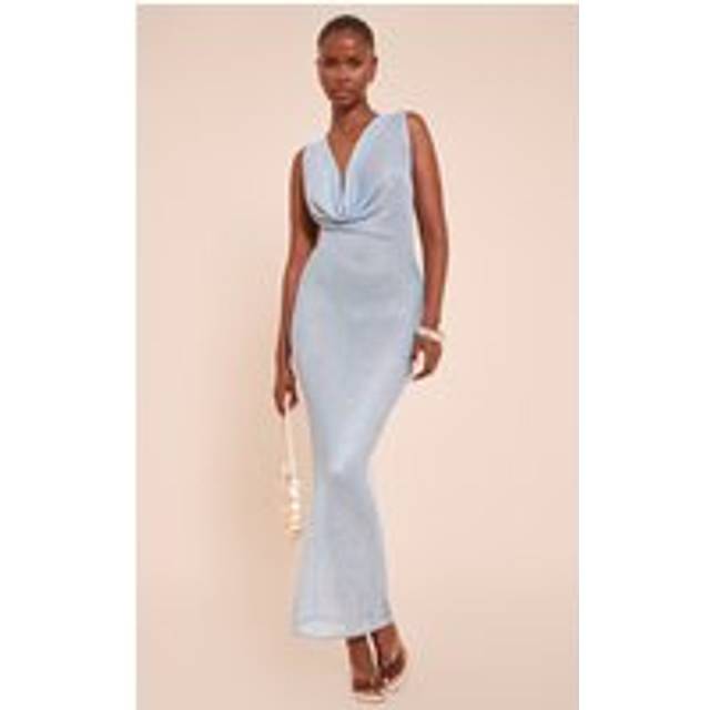 Blue Lurex Sequin Knit Cowl Neck Maxi Dress, Blue
