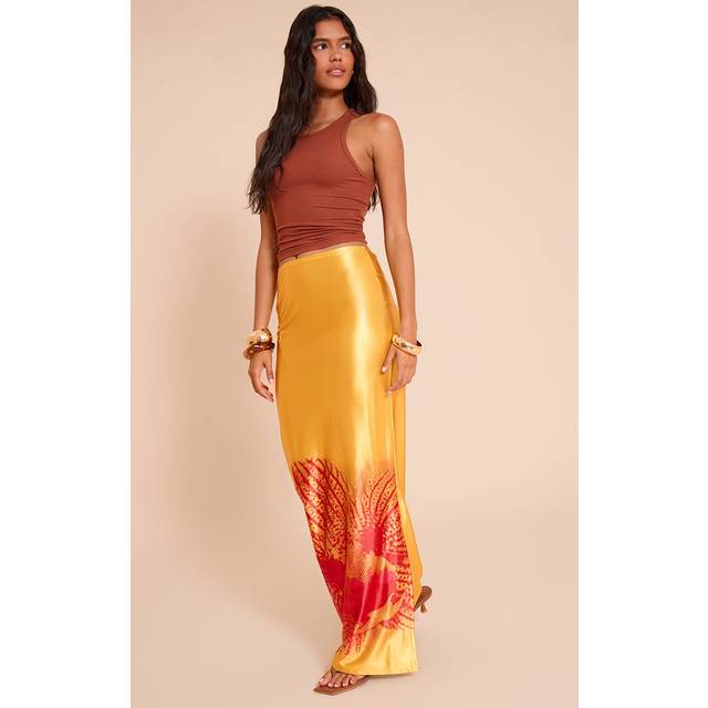 Orange Print Stretch Satin Maxi Skirt, Orange - 12