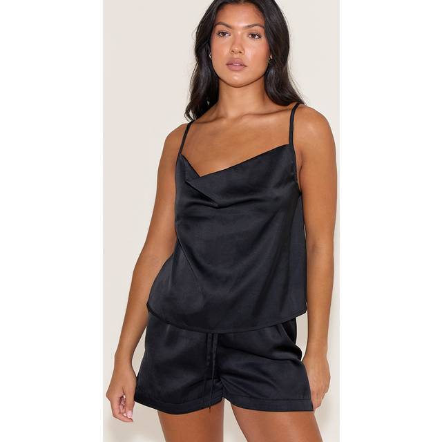 Black Satin Cami Short Pj Set, Black