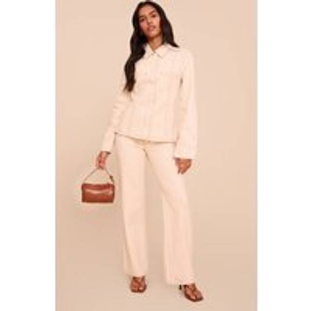Ecru Linen Look Denim Mid Waist Straight Leg Jeans, Linen - 8