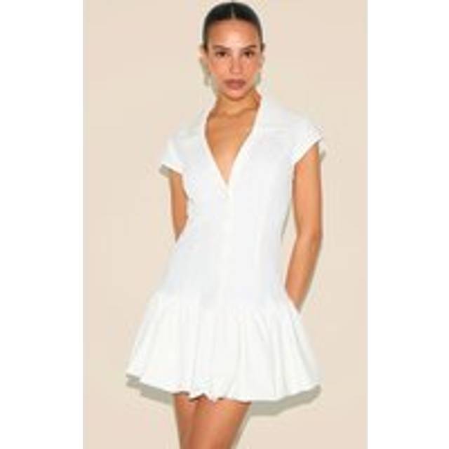 Petite White V-neck Fitted Pleated Mini Dress, White - 6