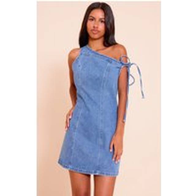 Petite Washed Blue Asymmetric Mini Dress, Washed Blue - 14