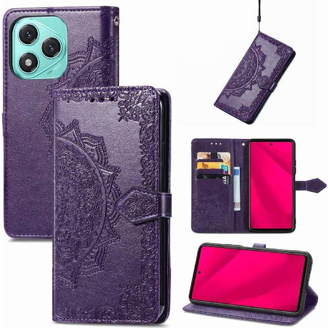 (Purple) Flip Case for Honor 400 Lite Exquisite Pattern Flip Cover Leather Case Simple Business Shockproof