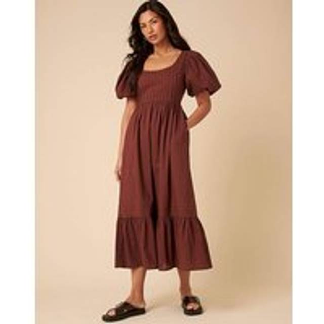 Nobody's Child Mimi Short Puff Sleeve Cotton Midi Dress, Brown